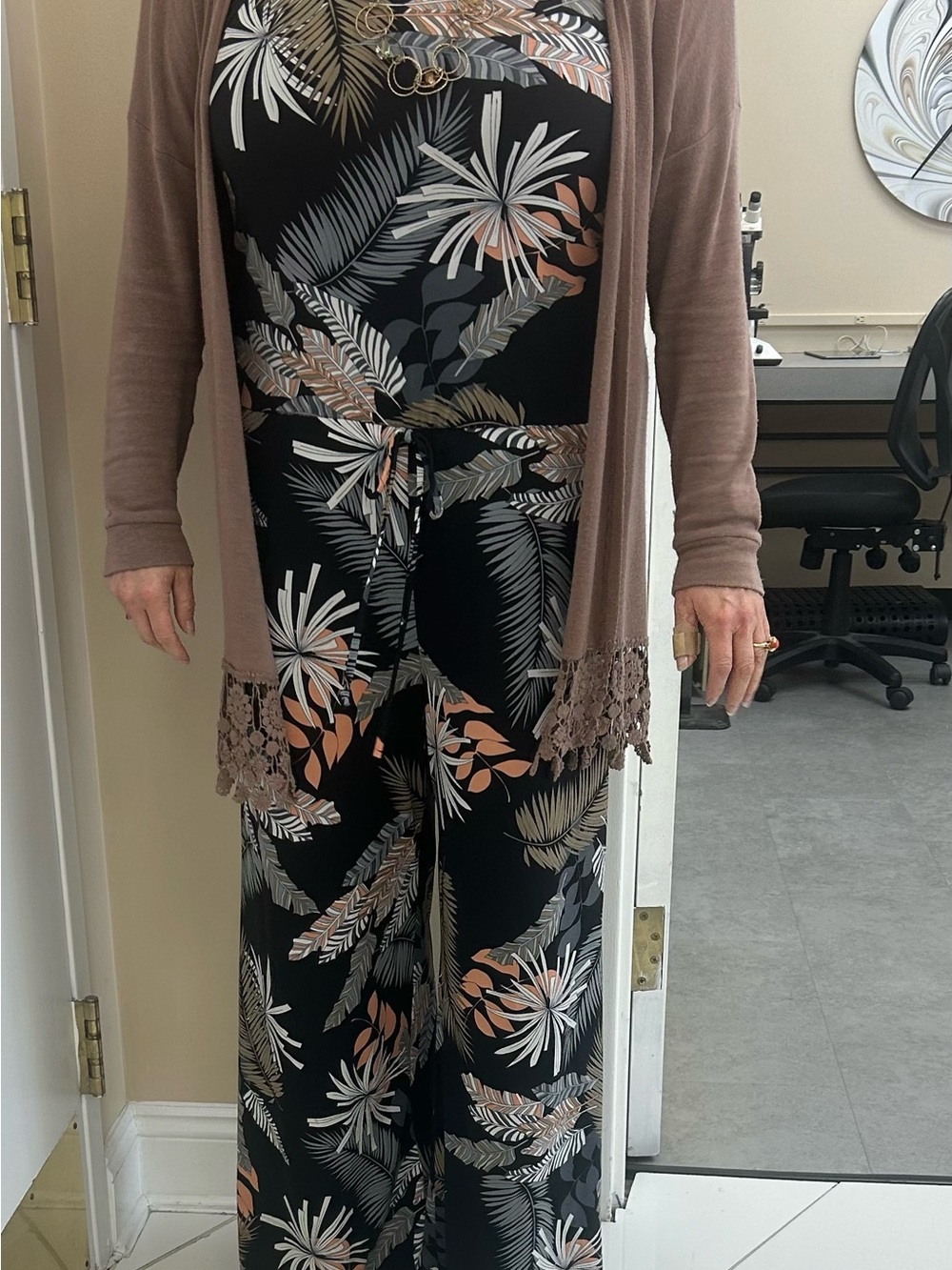 Floral Wide-Leg Jumpsuit in Black and Tan
